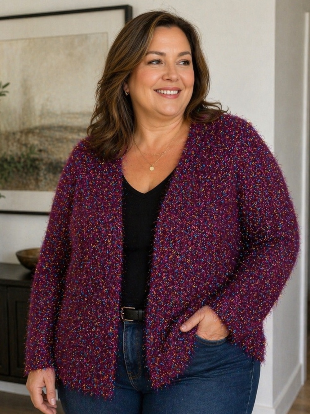 LANE BRYANT Women’s Size 26/28 Burgundy Metallic Sparkle Open Cardigan Sweater